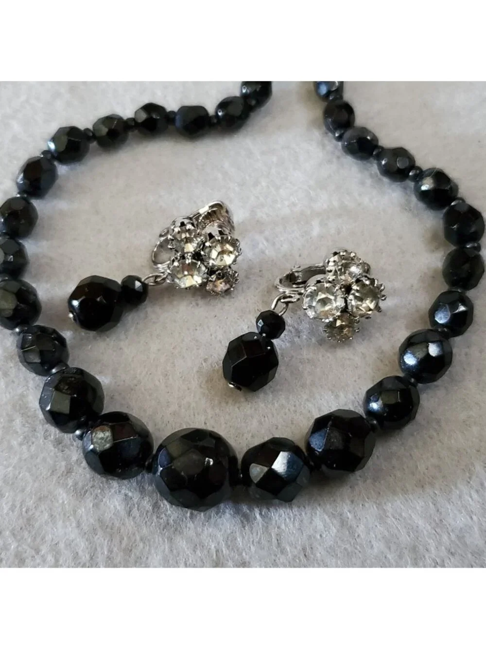 Vintage Beaded Necklace Earring Lot Faceted Black Glass Clip On 14-15